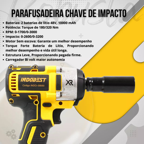Chave De Impacto Profissional 3 Em 1 Função Furadeira Parafusadeira Elétrica Sem Fio Maleta E 2 Baterias 48v Base De Carregamento 127/220V E Acessórios