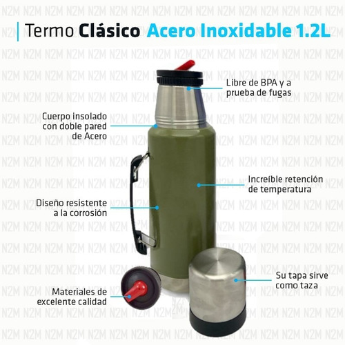 Imagen 2 de 10 de Termo 1.2 Litros Acero Inoxidable Pico Cebador Mate