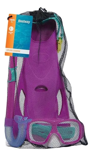 Juego De Snorkel Buceo Infantil 7 Años Gafas Tubo Y Aletas Color Morado