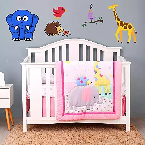 Juego de ropa de cama de 4 piezas para cuna de elefante para niños y niñas  | Juego de ropa de cama de bebé de sábana para cuna, edredón, volantes de