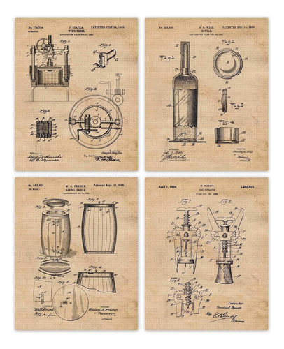 Vintage Wine Patent Prints, 4 (8x10) Unframed Photos, Wall .