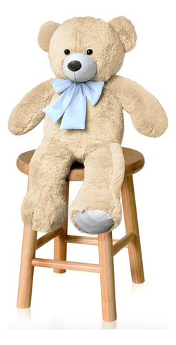 Urso De Pelúcia Teddy Bear Grande Com Laço 50cm Antialérgico Cor Doce De Leite Com Azul Bebe