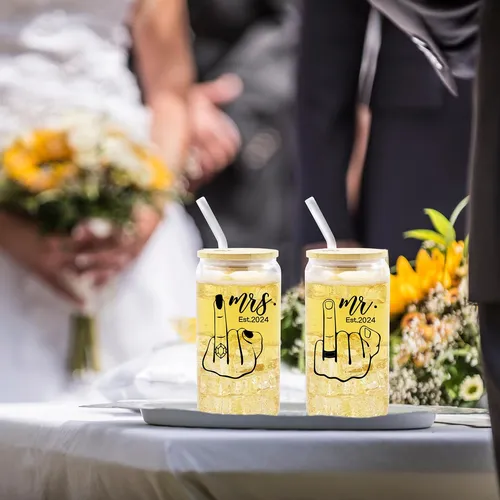 Est. 2024 Mr & Mrs Glass Cup Con Tapas Y Pajitas - Regalos D