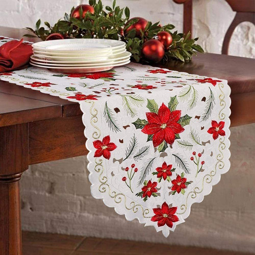 Navidad Caminos De Mesa Bordada Poinsettia Hoja De Aceb...