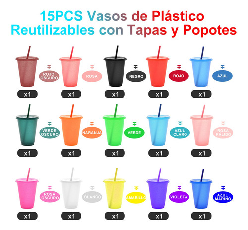 15vasos Mágicos Reutilizables Plástico 16oz C/tapa Y Popote Multicolor