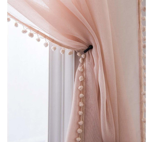 Linen Look Pom Pom Tasseled Sheer Curtains  Rod   Voile...