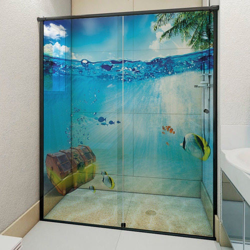 Adesivo Para Box De Banheiro 3d Fundo Do Mar Baú