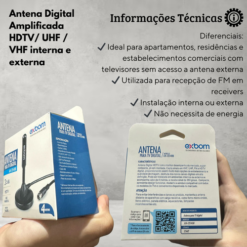 Antena Digital Hdtv Interna E Externa, 3,5dbi Cabo 4m Exbom