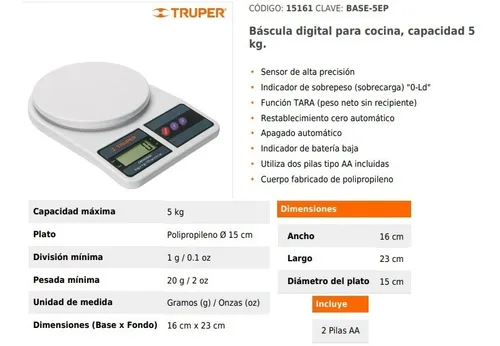 Balanza digital para cocina, capacidad de 5kg Truper 15161 | Oechsle