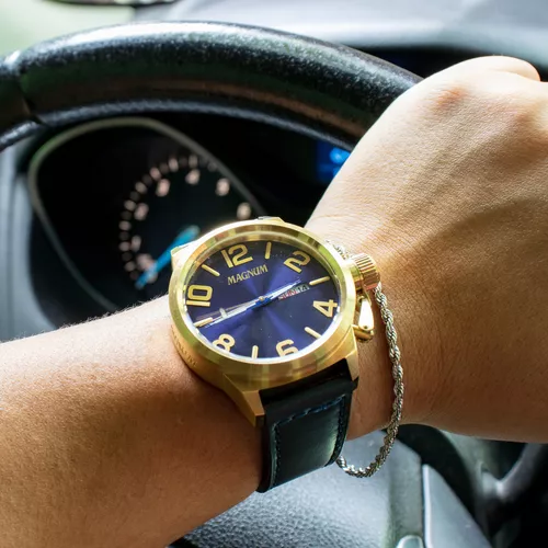 Relógio Magnum Masculino Ma33399a Dourado Azul Couro