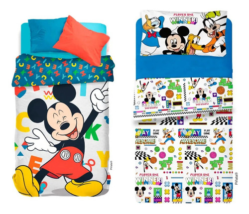 Acolchado + Juego De Sabanas Mickey Mouse Piñata 1 1/2 Plaza Blanco Infantil