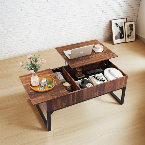 Mesa De Centro Elevable Con Compartimento Y Marco De Metal