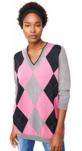 Suéter De Argyle Con Cuello En V Y Talla Grande Para Mujer -