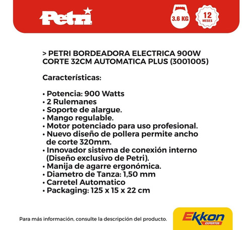 Imagen 3 de 8 de Bordeadora Eléctrica Cesped Petri 900w Automática Corte 32cm