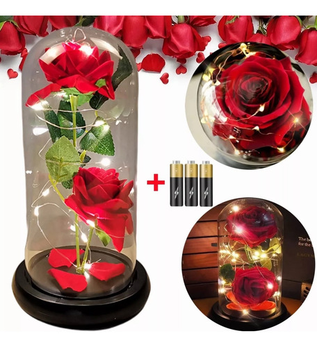 Flor Eterna Rojo Rosa Con Cristal Luz Led Regalos Para Ella
