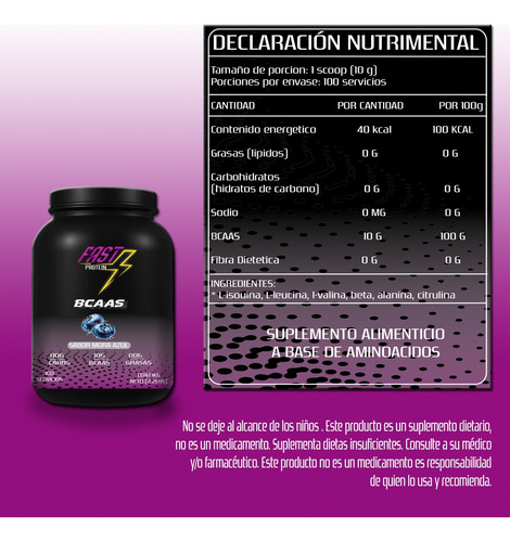 Aminoácidos Bcaas Fast Protein 1 Kg Sabores 100 Servicios Mora Azul