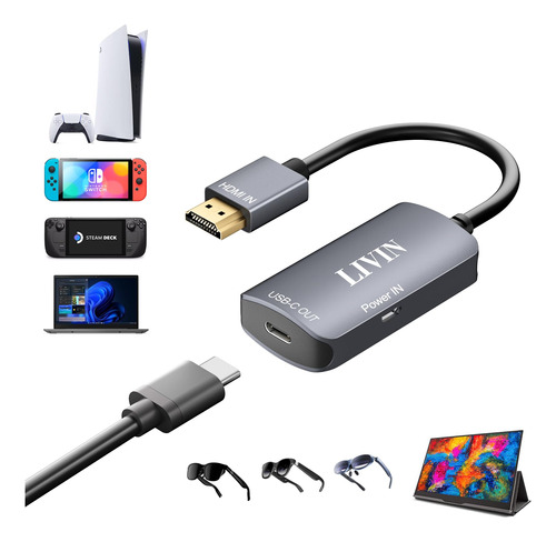 Adaptador Hdmi A Usb C 4k 60hz+puerto De Carga, Plug & Play