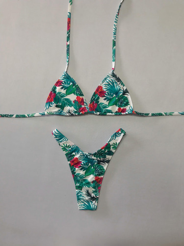 Bikini Malla Estampada Tropical Blanco Con Less En V - Eva