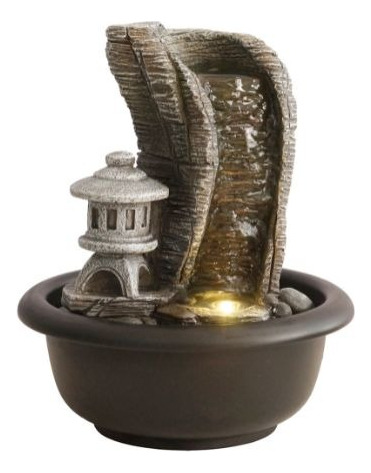 Fuente De Agua Chica Cascada + Pagoda + Luz Led 19cm Tm 