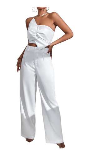 Conjunto Blanco Shein Top Con Lazo Y Pantalón Palazo 