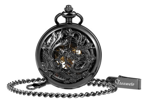 Reloj De Bolsillo Mecánico Dragón Fénix Negro Con Caja Regal Color
