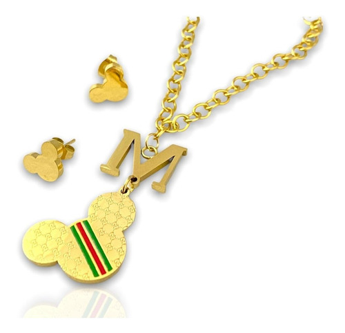 Juego De Collar Y Aretes Micky Mouse Dorado Acero Inoxidable