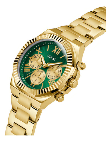 Reloj Para Hombre Guess Equity Color Dorado GW0703G2 Correa Dorado Bisel Dorado Fondo Verde