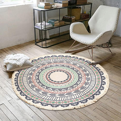 Poowe Round Cotton Rug Tejido Tassel Throw Rug Washable Area