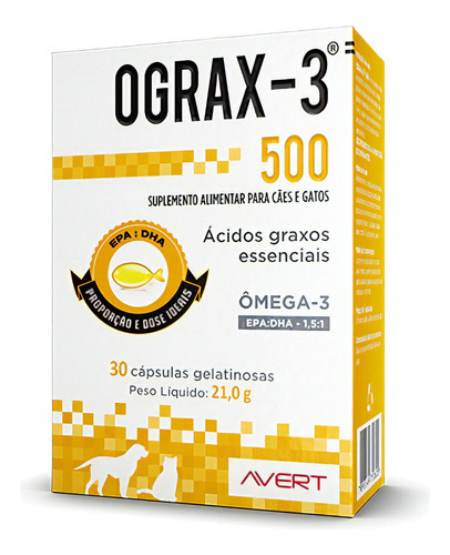 Suplemento em cápsula Avert OGRAX-3 OGRAX-3 500 com ácidos graxos essenciais para cão/gato todas as idades em caixa de 30 unidades