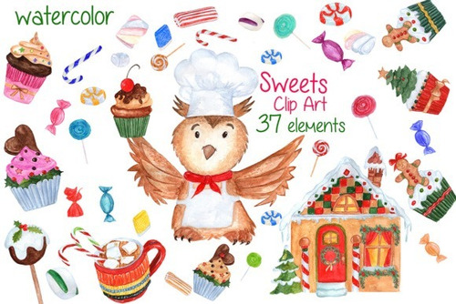 Kit Imágenes Digitales Navidad Dulces Watercolor Xmas Sweets