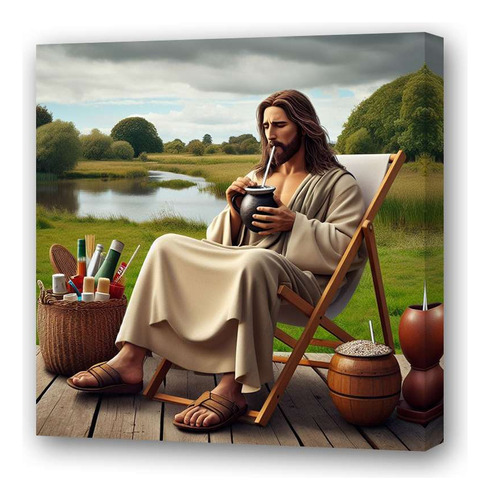 Cuadro 60x60cm Jesus Tomando Mate Picnic Lago Dios Amor