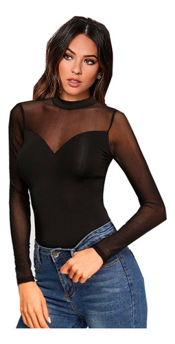 Blusa Licra Cuello Alto Transparencia Sexy Casual Gotica