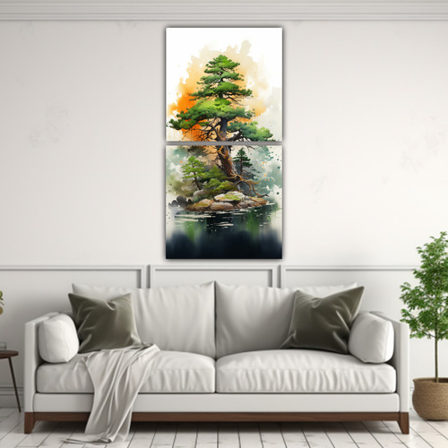 40x20cm Cuadro Bonsai Abstracto Verde Y Naranja Flores