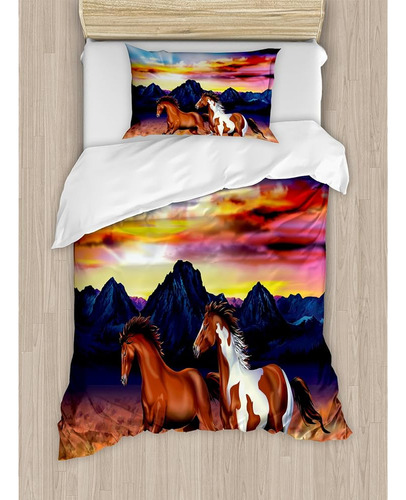 Ambesonne Western Duvet Cover Set, Running Wild Horses At Su