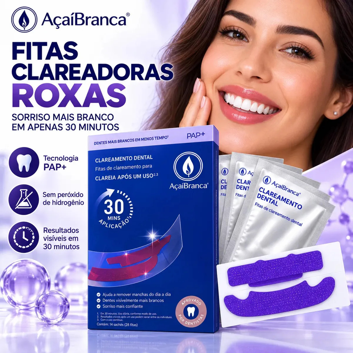 Fitas Clareadoras Dentais Roxas AçaíBranca PAP+ Sem Peróxido 14 Tiras Clareamento Dental Caseiro 30 Min para Dentes Amarelados e Manchas