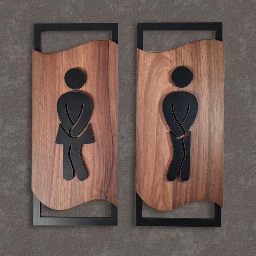 Imagen 4 de 9 de Cartel Baño Con Símbolo Hombre Mujer De Madera