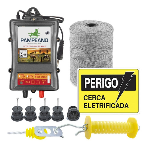Kit Cerca Rural Eletrificador + 250m Fio + Isolador Roldana