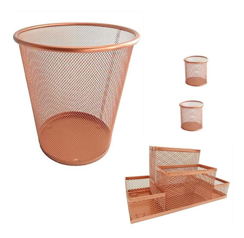 Lixeira Escritório 12 L Porta Caneta 2 Porta Treco Rose Gold