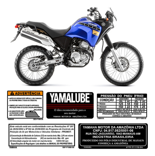 Kit Adesivos Etiqueta Tenere Moto Yamalube Advertencia Pneu