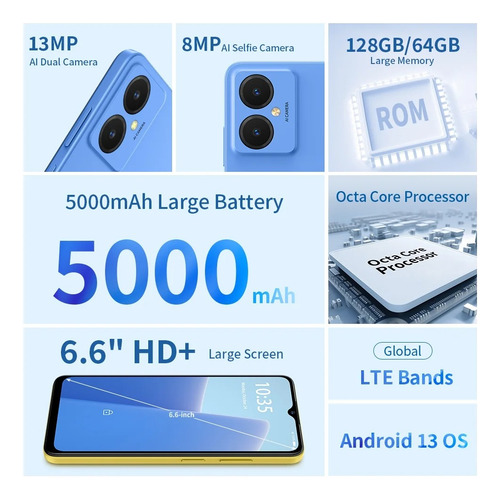Celulares Android Freeyond F9s - Smartphone Quad-core 3gb Ram 128gb Rom Con Cámara 13mp Android 13 Negro / Azul