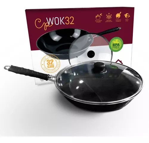 Sartén antiadherente para wok de inducción de 32 cm con tapa, color negro