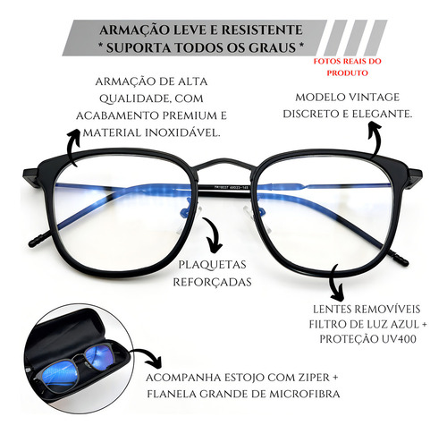 Óculos Filtro Luz Azul Metal Retrô Blue Ray Blocker Descanso Cor Prateado Com Preto Tamanho Armação Sem Grau Premium