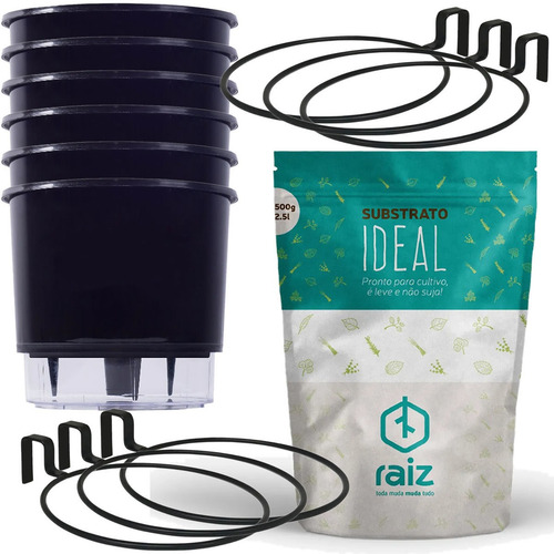 Imagem 1 de 7 de Kit 6 Vaso Raiz N2 Preto 6 Suporte Treliça E Substrato 500gr