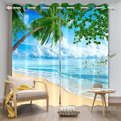 Cortinas Ventana Playa Tropicales Verano Junto Al Mar Cortin