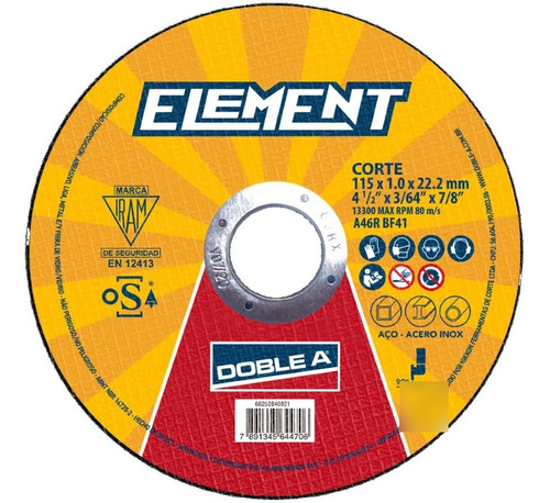 Disco Corte Metal Doblea Element 115 X 1,6 Mm Amoladora 100u