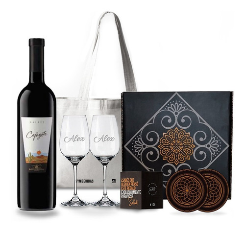 Box Set Vino Cafayate Malbec 2 Copas Transparentes Grabadas