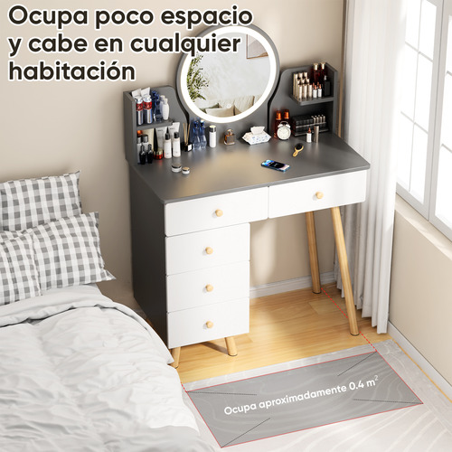 Tocador Con Espejo De Luz Led Y Taburete Comoda Extendible