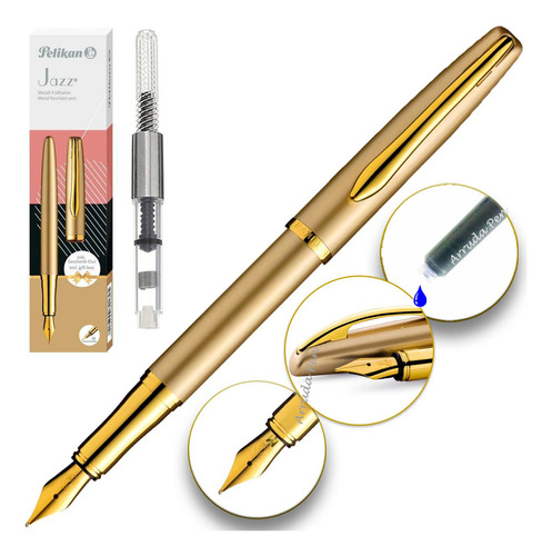 Caneta Tinteiro Pelikan Jazz Edição Limitada + Conv - Escolh Tinta Azul Exterior Gold