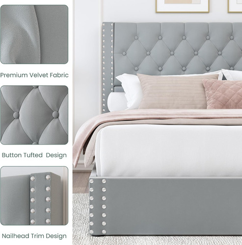 Base De Cama King Size Fabricada En Lino Con 4 Cajones Gris