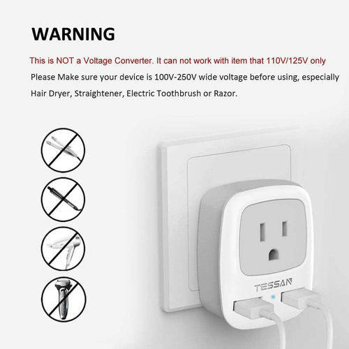 Adaptador De Enchufe De Viaje Tessan Tipo G Con 2 Usb Para N